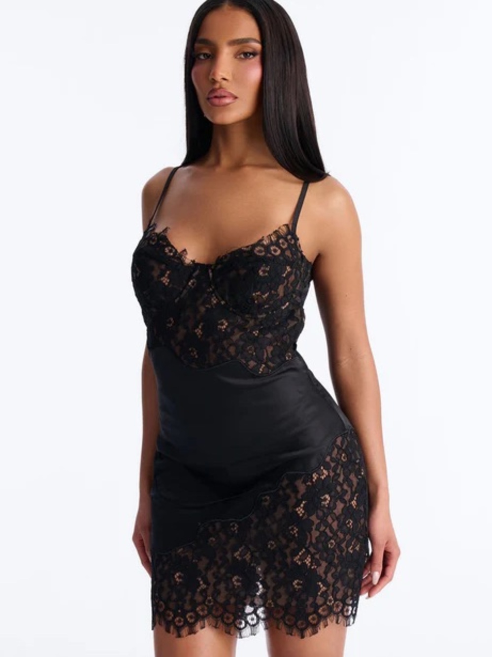 Black Lace Satin Slip Dress - Fashion Nova